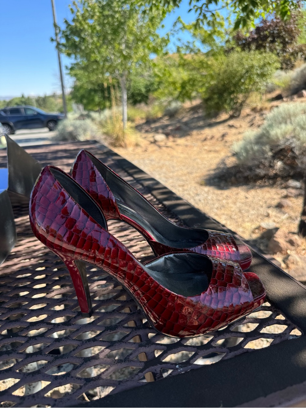 Jessica Simpson Burgundy Croc-Embossed Pointed-Toe Stiletto Heels